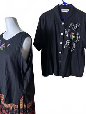 VTG 90s y2k Papillon Tropical Parrot Button Down & Tank Top set vaca linen L